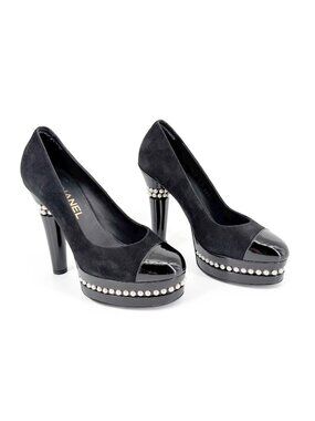 Chanel Pearl Platform Pumps Heels Cap Toe Black Suede Size 37 US 6-6.5